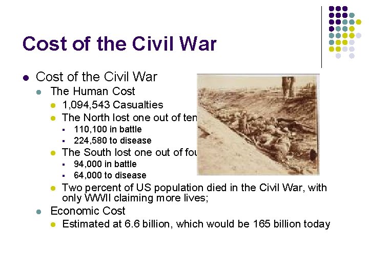 Cost of the Civil War l The Human Cost l 1, 094, 543 Casualties