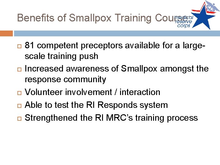 Benefits of Smallpox Training Course: 81 competent preceptors available for a largescale training push