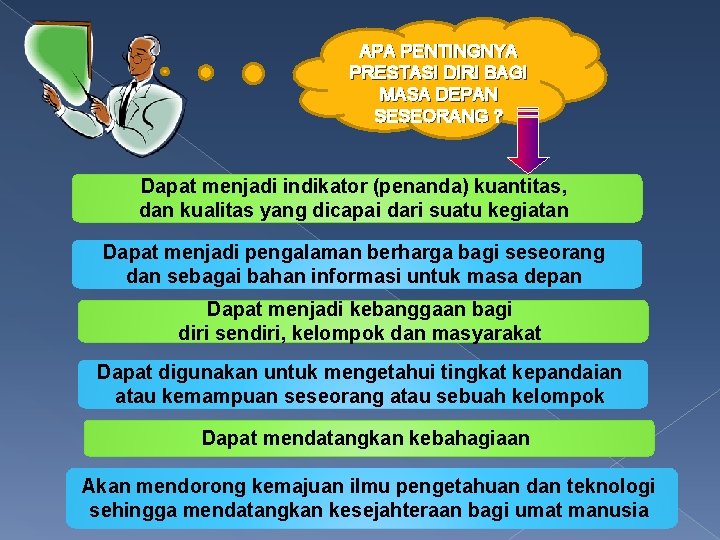 APA PENTINGNYA PRESTASI DIRI BAGI MASA DEPAN SESEORANG ? Dapat menjadi indikator (penanda) kuantitas,