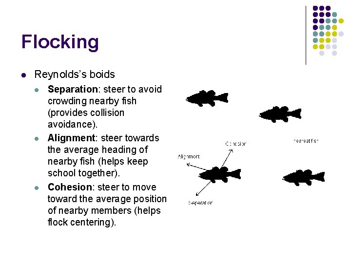 Flocking l Reynolds’s boids l l l Separation: steer to avoid crowding nearby fish