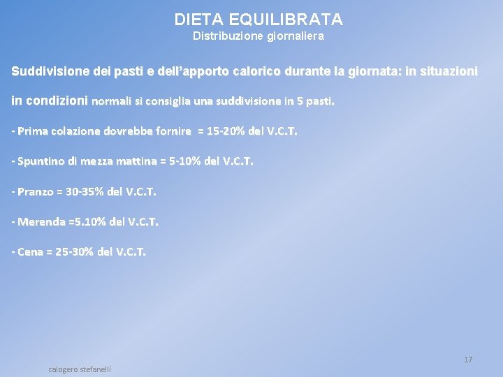 DIETA EQUILIBRATA Distribuzione giornaliera Suddivisione dei pasti e dell’apporto calorico durante la giornata: in