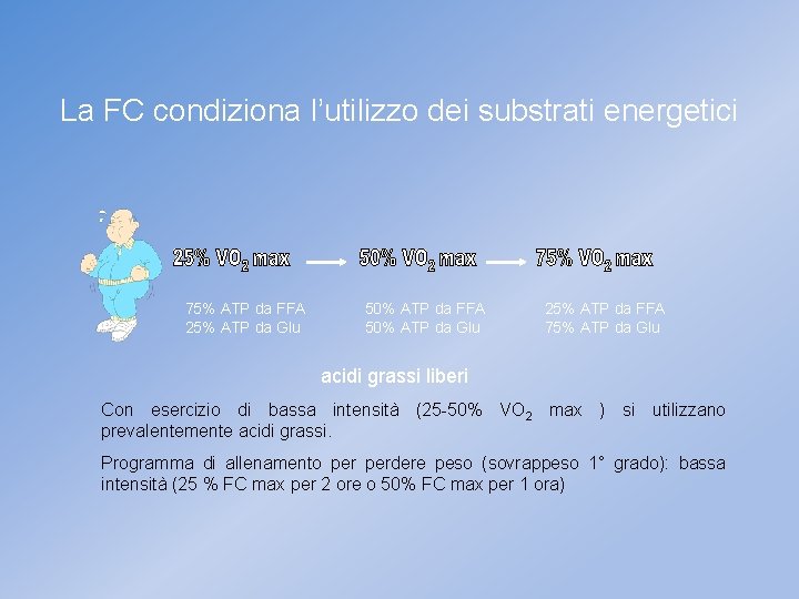 La FC condiziona l’utilizzo dei substrati energetici 75% ATP da FFA 25% ATP da