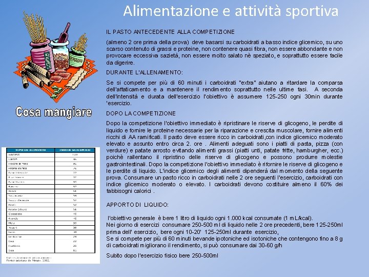  Alimentazione e attività sportiva IL PASTO ANTECEDENTE ALLA COMPETIZIONE (almeno 2 ore prima