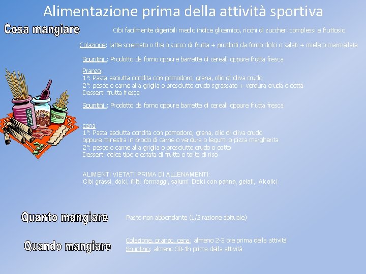 Alimentazione prima della attività sportiva Cibi facilmente digeribili medio indice glicemico, ricchi di zuccheri