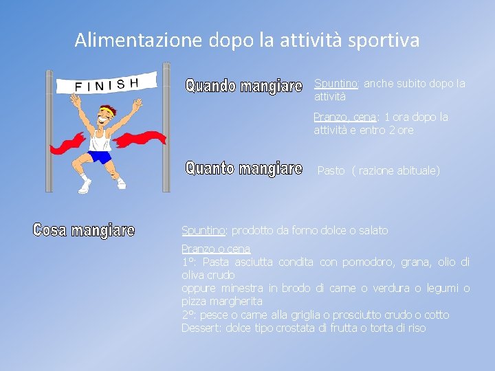 Alimentazione dopo la attività sportiva Spuntino: anche subito dopo la attività Pranzo, cena: 1