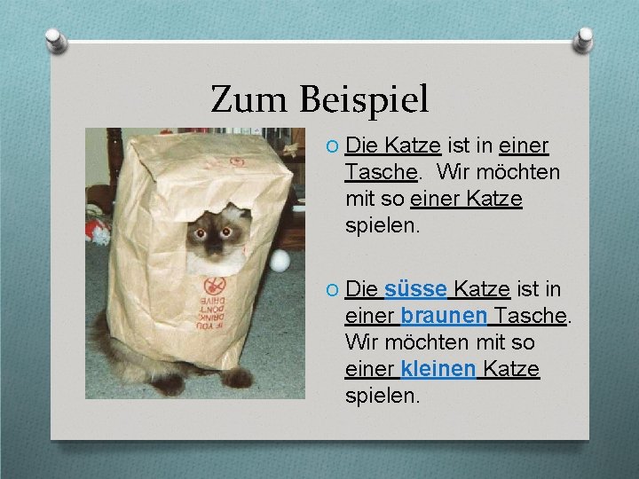 Zum Beispiel O Die Katze ist in einer Tasche. Wir möchten mit so einer