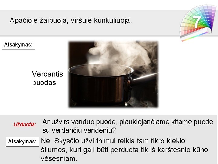 Apačioje žaibuoja, viršuje kunkuliuoja. 7 Atsakymas: Verdantis puodas Užduotis: Atsakymas: Ar užvirs vanduo puode,