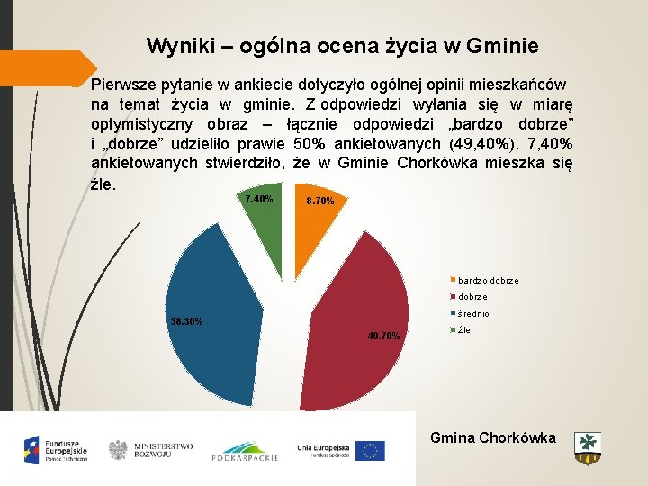 Wyniki – ogólna ocena życia w Gminie Pierwsze pytanie w ankiecie dotyczyło ogólnej opinii