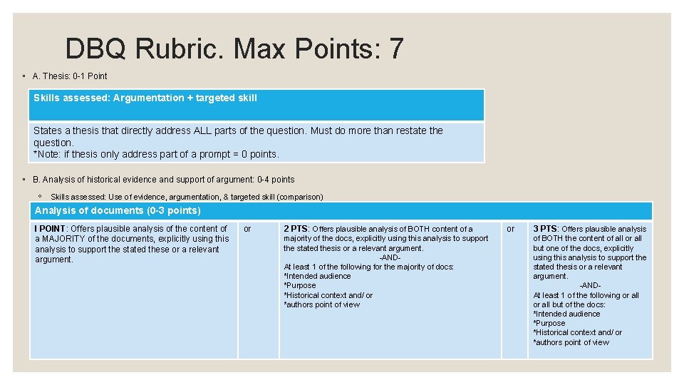 DBQ Rubric. Max Points: 7 ◦ A. Thesis: 0 -1 Point Skills assessed: Argumentation DBQ Rubric. Max Points: 7 ◦ A. Thesis: 0 -1 Point Skills assessed: Argumentation