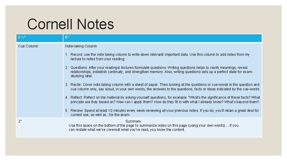 Cornell Notes 2 ½” 6” Cue Column Note-taking Column 1. Record: use the note Cornell Notes 2 ½” 6” Cue Column Note-taking Column 1. Record: use the note