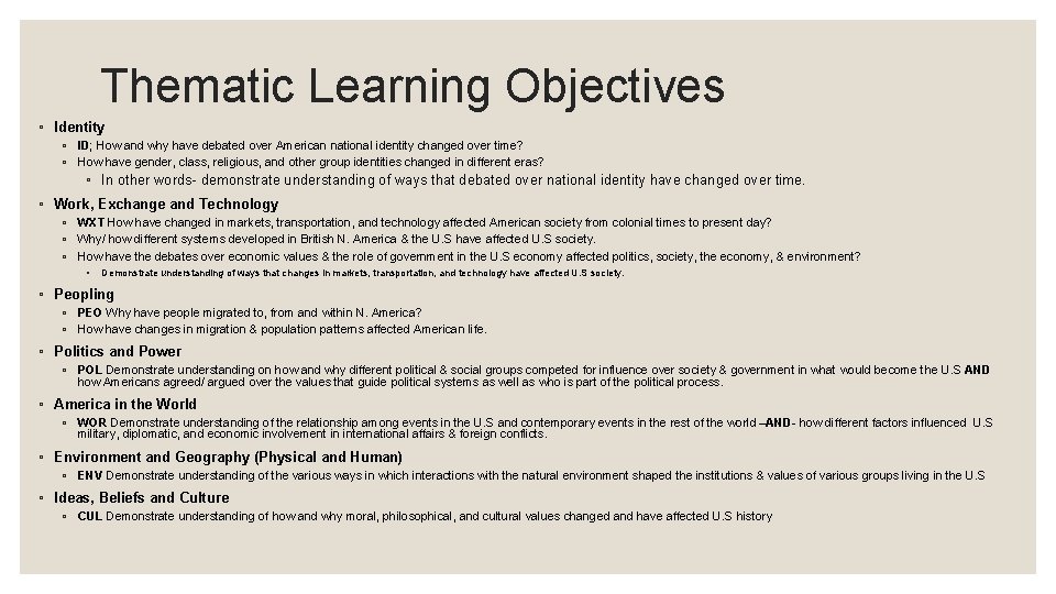 Thematic Learning Objectives ◦ Identity ◦ ID; How and why have debated over American Thematic Learning Objectives ◦ Identity ◦ ID; How and why have debated over American