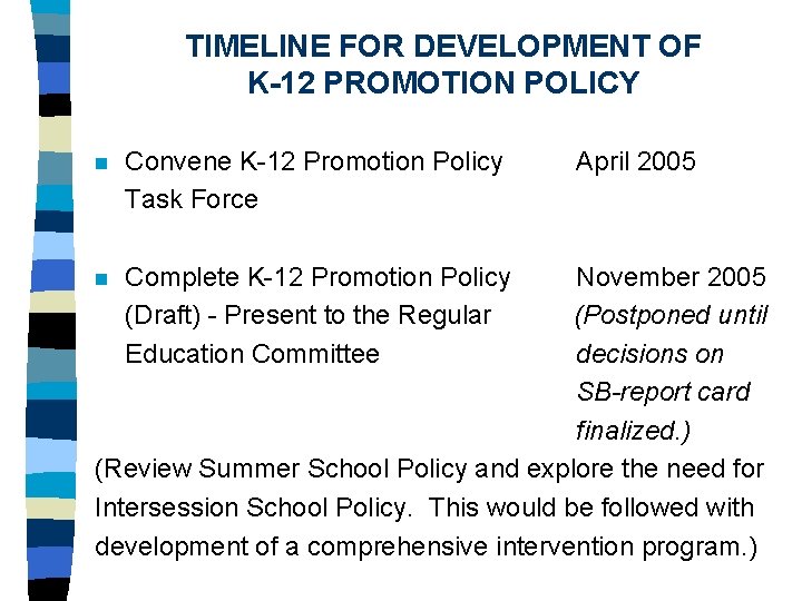 TIMELINE FOR DEVELOPMENT OF K-12 PROMOTION POLICY n Convene K-12 Promotion Policy Task Force TIMELINE FOR DEVELOPMENT OF K-12 PROMOTION POLICY n Convene K-12 Promotion Policy Task Force
