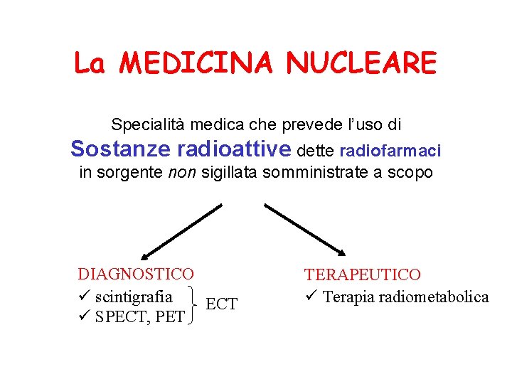 La MEDICINA NUCLEARE Specialità medica che prevede l’uso di Sostanze radioattive dette radiofarmaci in