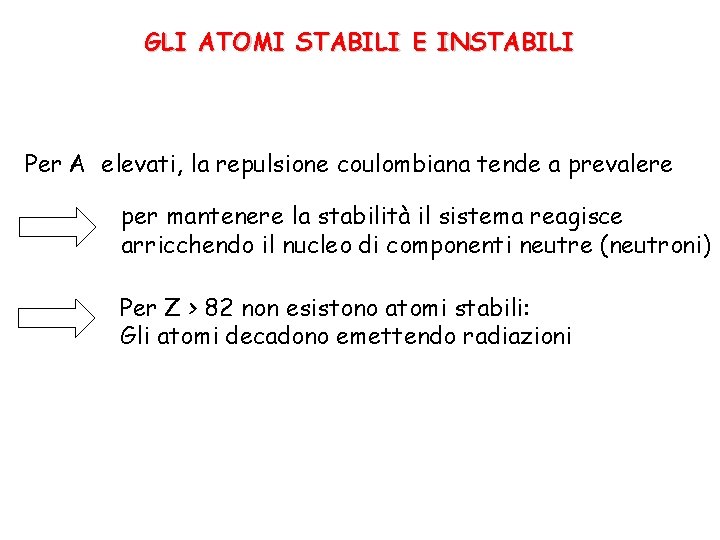 GLI ATOMI STABILI E INSTABILI Per A elevati, la repulsione coulombiana tende a prevalere