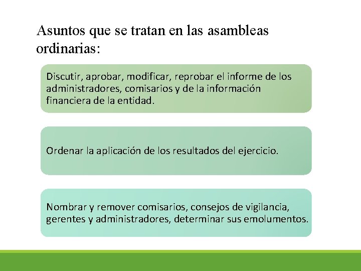 Asuntos que se tratan en las asambleas ordinarias: Discutir, aprobar, modificar, reprobar el informe