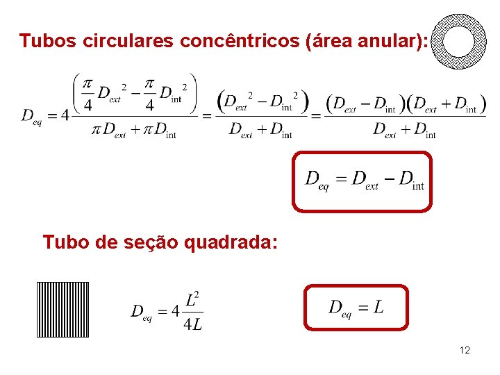 Tubos circulares concêntricos (área anular): Tubo de seção quadrada: 12 