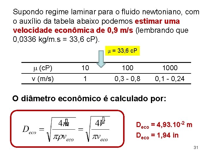 Supondo regime laminar para o fluido newtoniano, com o auxílio da tabela abaixo podemos