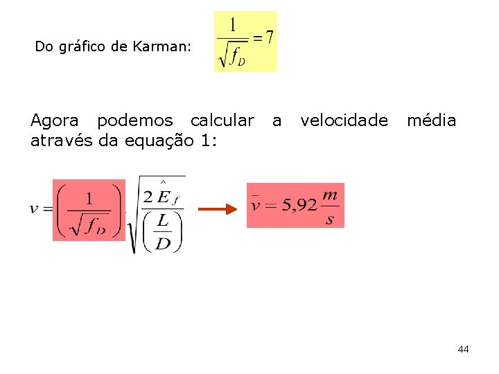 Do gráfico de Karman: Agora podemos calcular através da equação 1: a velocidade média