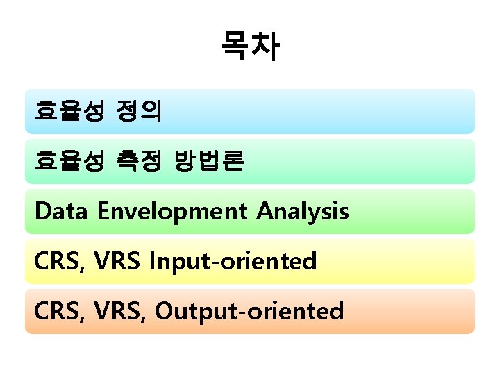 목차 효율성 정의 효율성 측정 방법론 Data Envelopment Analysis CRS, VRS Input-oriented CRS, VRS,