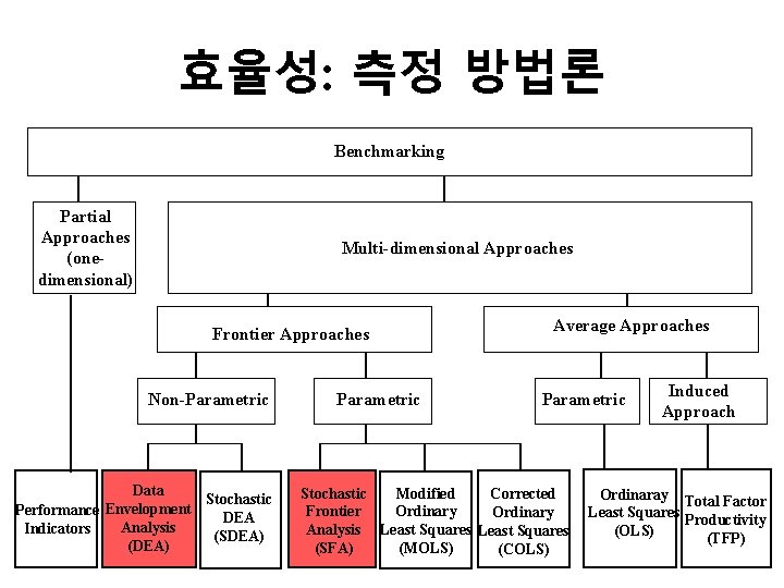 효율성: 측정 방법론 Benchmarking Partial Approaches (onedimensional) Multi-dimensional Approaches Frontier Approaches Non-Parametric Data Stochastic