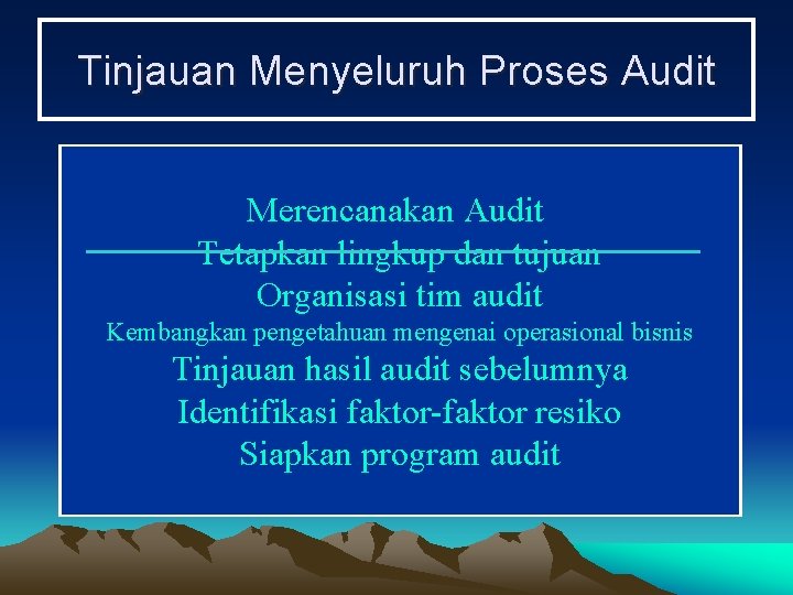 Tinjauan Menyeluruh Proses Audit Merencanakan Audit Tetapkan lingkup dan tujuan Organisasi tim audit Kembangkan