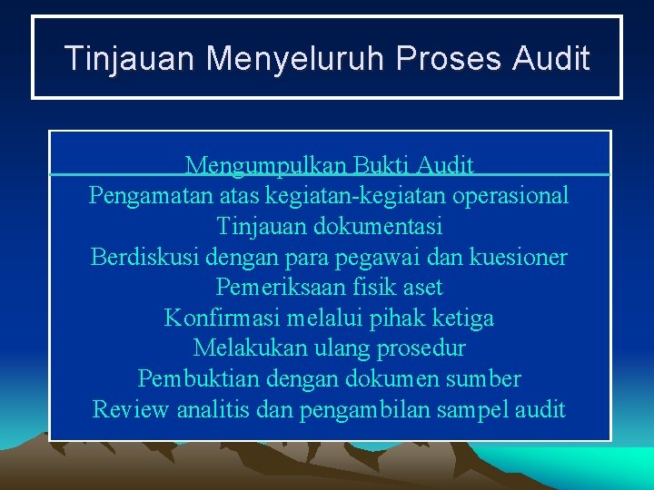 Tinjauan Menyeluruh Proses Audit Mengumpulkan Bukti Audit Pengamatan atas kegiatan-kegiatan operasional Tinjauan dokumentasi Berdiskusi