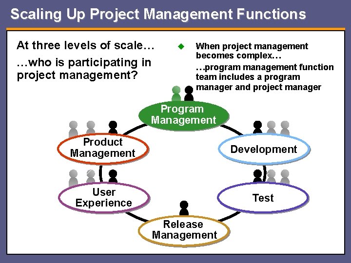 Scaling Up Project Management Functions At three levels of scale… …who is participating in