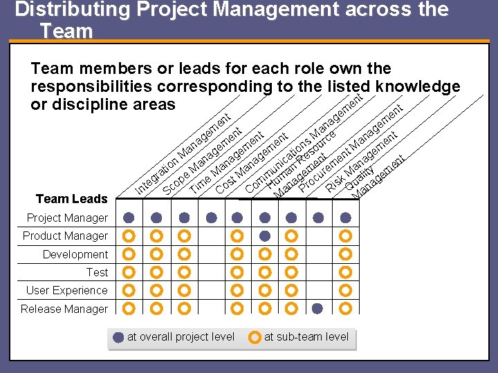 Distributing Project Management across the Team members or leads for each role own the