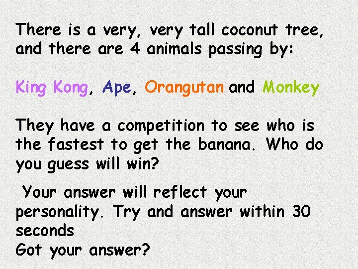 There is a very, very tall coconut tree, and there are 4 animals passing