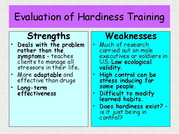 Evaluation of Hardiness Training Strengths • Deals with the problem rather than the symptoms