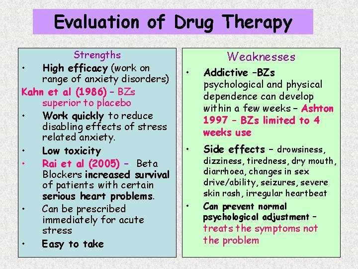 Evaluation of Drug Therapy Strengths • High efficacy (work on range of anxiety disorders)