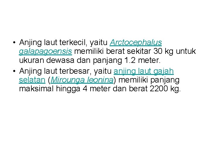  • Anjing laut terkecil, yaitu Arctocephalus galapagoensis memiliki berat sekitar 30 kg untuk