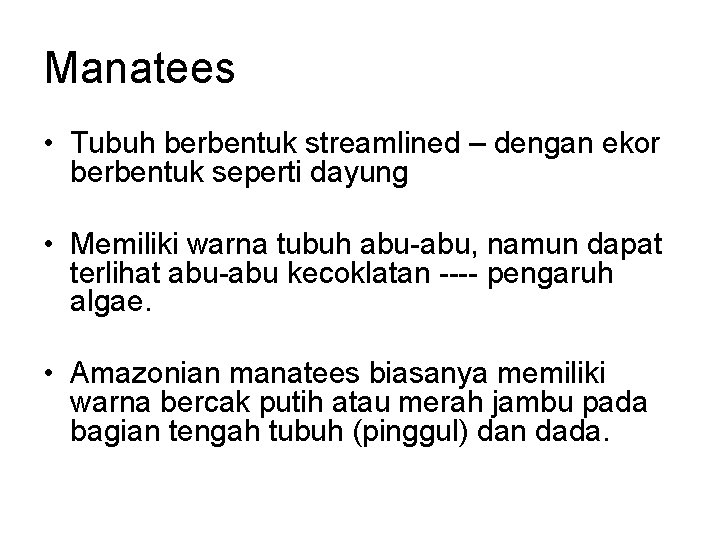 Manatees • Tubuh berbentuk streamlined – dengan ekor berbentuk seperti dayung • Memiliki warna
