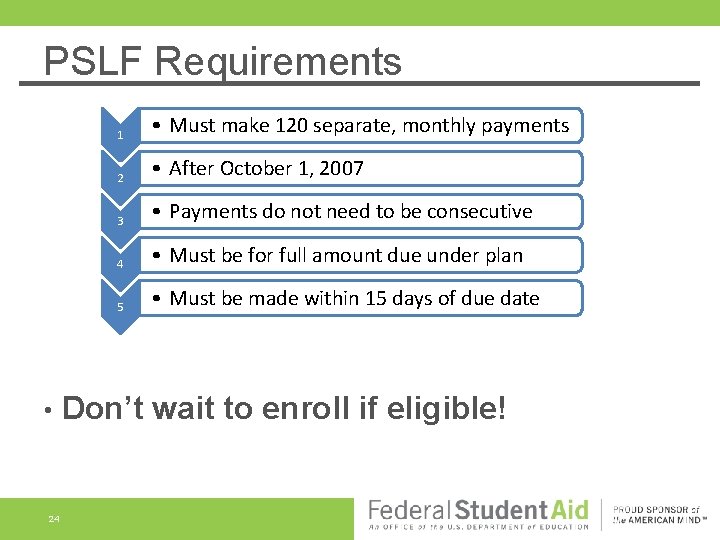 PSLF Requirements • 24 1 • Must make 120 separate, monthly payments 2 • PSLF Requirements • 24 1 • Must make 120 separate, monthly payments 2 •