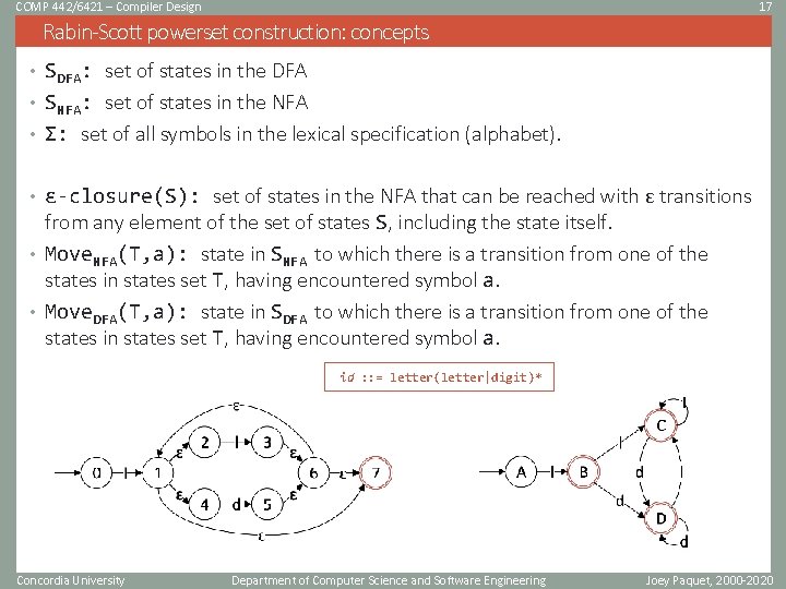 COMP 442/6421 – Compiler Design 17 Rabin-Scott powerset construction: concepts • SDFA: set of