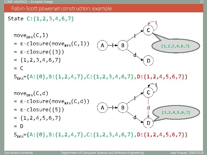 COMP 442/6421 – Compiler Design 22 Rabin-Scott powerset construction: example State C: {1, 2,