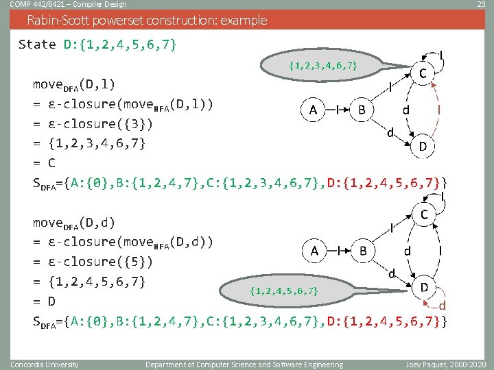 COMP 442/6421 – Compiler Design 23 Rabin-Scott powerset construction: example State D: {1, 2,