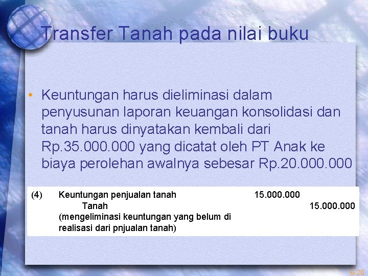 Transfer Tanah pada nilai buku • Keuntungan harus dieliminasi dalam penyusunan laporan keuangan konsolidasi