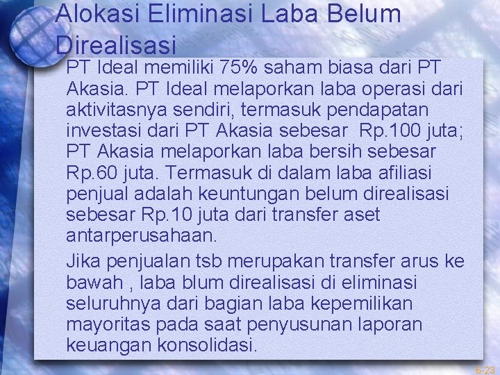Alokasi Eliminasi Laba Belum Direalisasi PT Ideal memiliki 75% saham biasa dari PT Akasia.