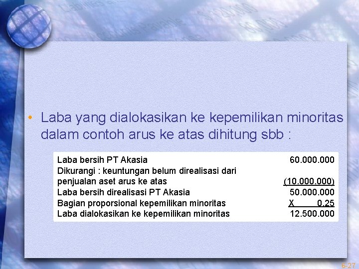  • Laba yang dialokasikan ke kepemilikan minoritas dalam contoh arus ke atas dihitung