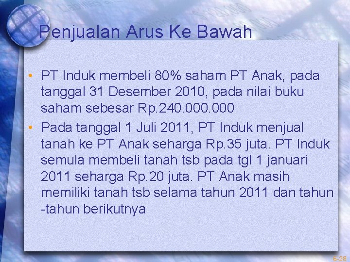 Penjualan Arus Ke Bawah • PT Induk membeli 80% saham PT Anak, pada tanggal