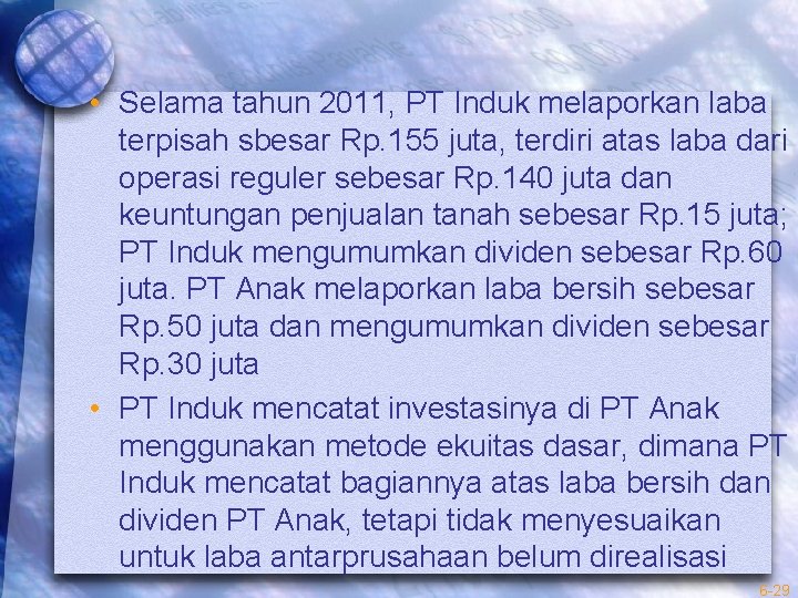  • Selama tahun 2011, PT Induk melaporkan laba terpisah sbesar Rp. 155 juta,