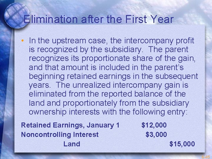 Elimination after the First Year • In the upstream case, the intercompany profit is