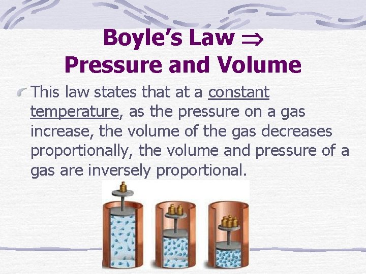 Boyle’s Law Pressure and Volume This law states that at a constant temperature, as
