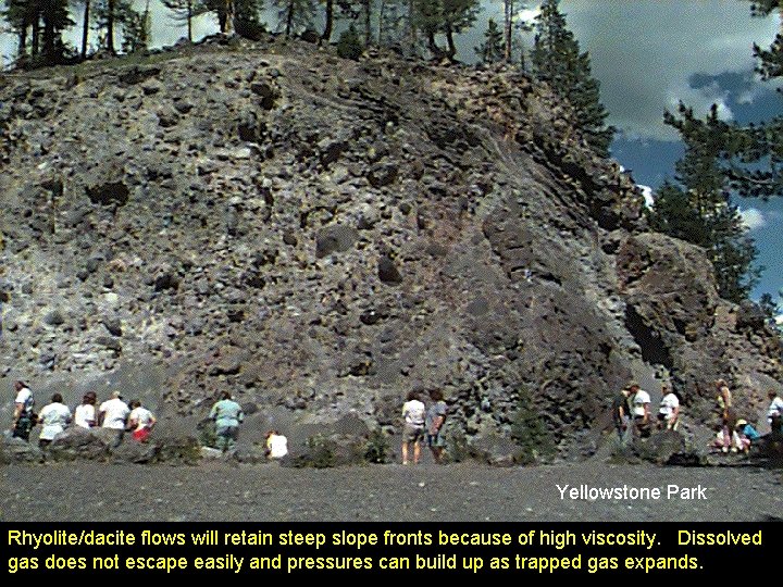 Yellowstone Park Rhyolite/dacite flows will retain steep slope fronts because of high viscosity. Dissolved