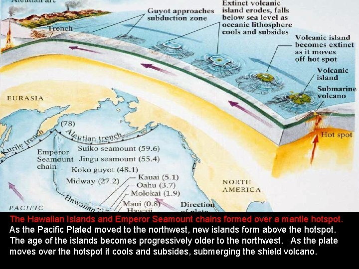 The Hawaiian Islands and Emperor Seamount chains formed over a mantle hotspot. As the