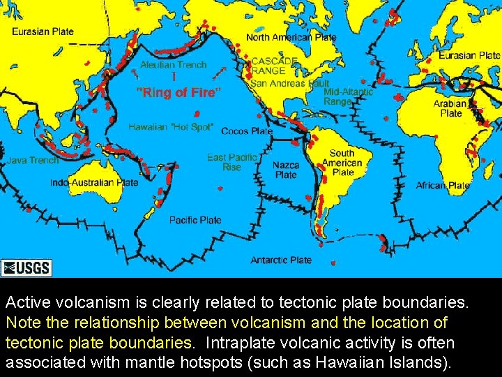 Active volcanism is clearly related to tectonic plate boundaries. Note the relationship between volcanism