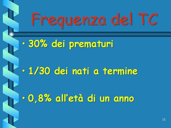 Frequenza del TC • 30% dei prematuri • 1/30 dei nati a termine •