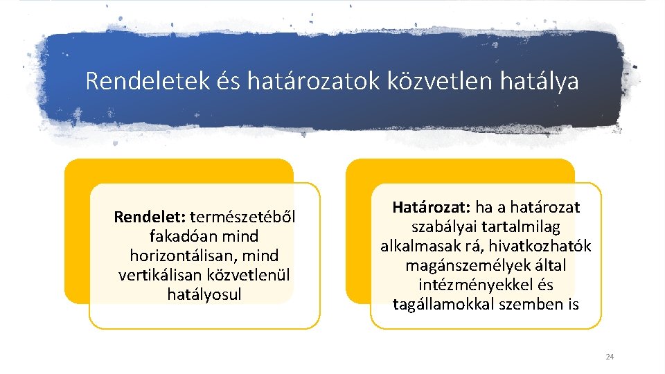 Rendeletek és határozatok közvetlen hatálya Rendelet: természetéből fakadóan mind horizontálisan, mind vertikálisan közvetlenül hatályosul
