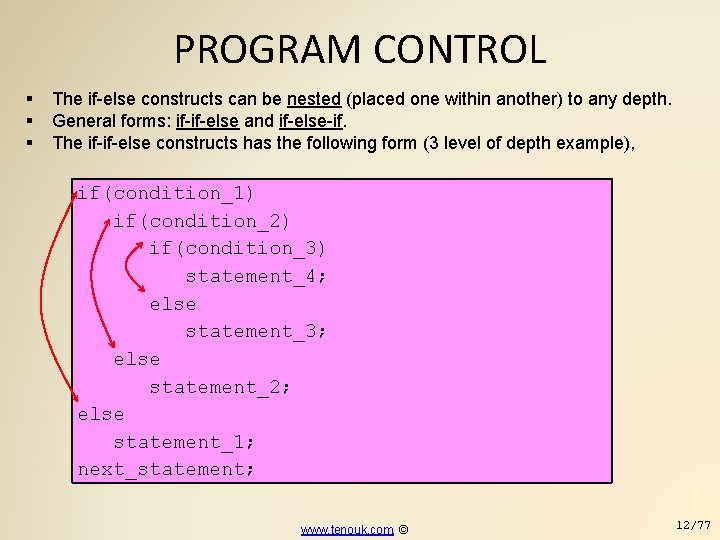 PROGRAM CONTROL The if-else constructs can be nested (placed one within another) to any